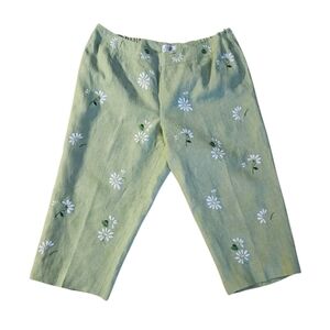 Talbots Women's Petite Embroidered daisy green Irish linen pants Sz 18W